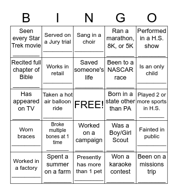 Community Group Bingo Card