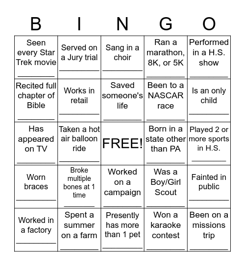 Community Group Bingo Card