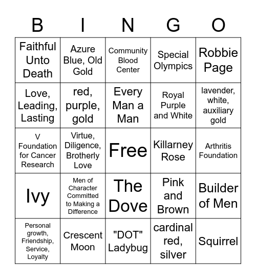 Greek Life Bingo Card