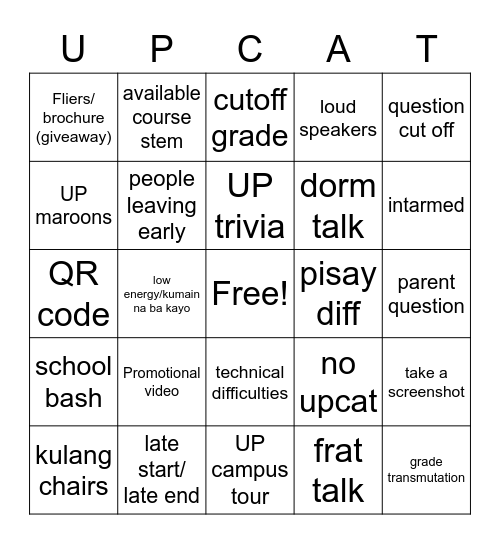 Upcat bingo Card