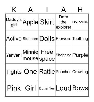 Kaiah turns ONE Bingo Card