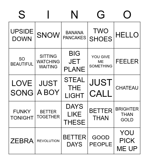 772 JACK JOHNSON VS PETE MURRAY VS ANGUS & JULIA STONE VS JOHN BUTLER TRIO VS CAT EMPIRE Bingo Card