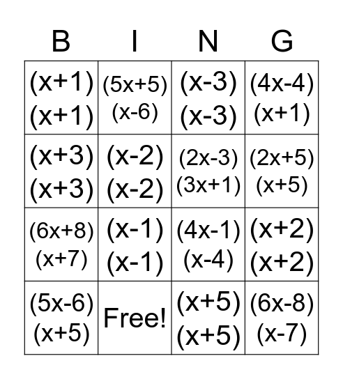 Multiplying Binomials Bingo Card