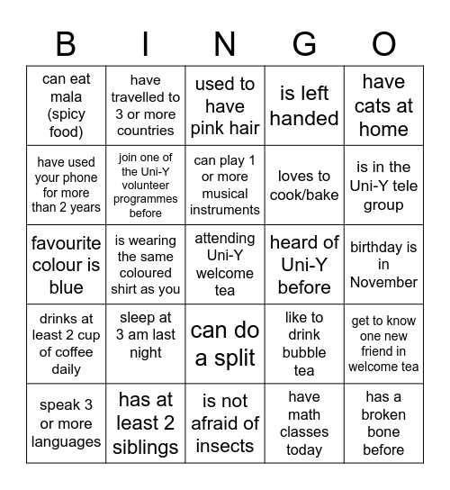 get to know friends in SUTD welcome tea Bingo Card