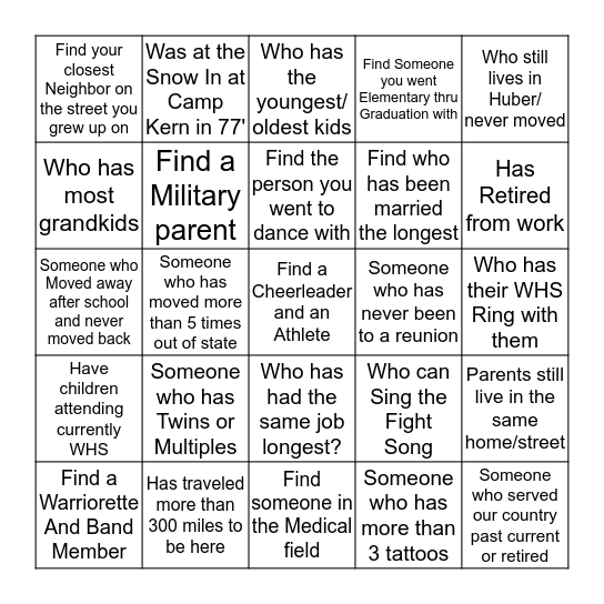 Getting to know your fellow Warriors Bingo Card