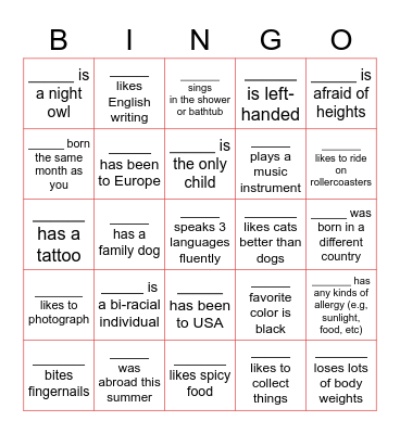 Icebreaker Bingo Card