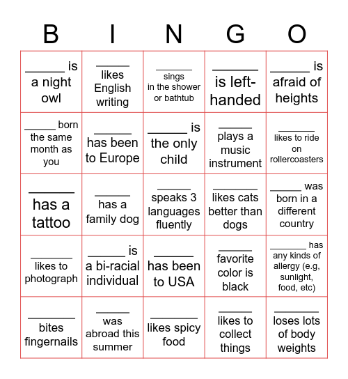 Icebreaker Bingo Card