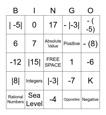 Math Properties & Absolute Value Bingo Card