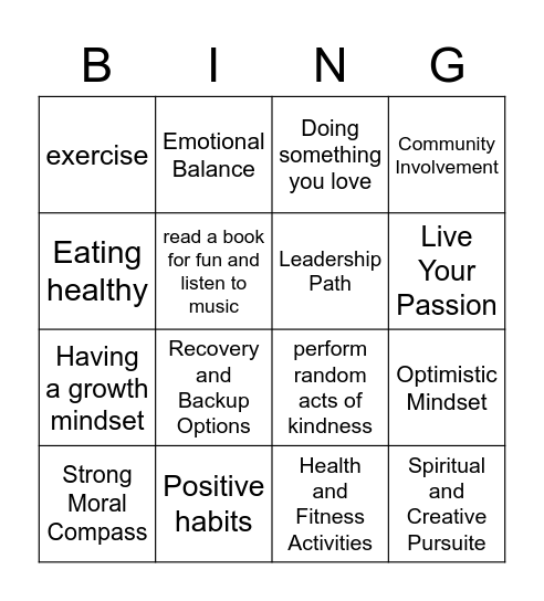 Resilience Bingo Card