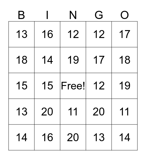 20 Minus Bingo Card