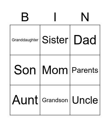 Family Members Bingo Card