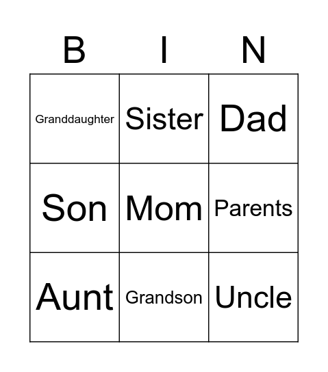 Family Members Bingo Card