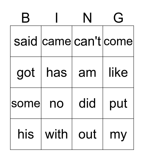 Grade 1 Sight Words Bingo Card