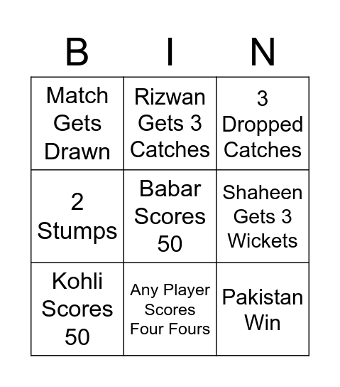 India Vs Pakistan Bingo Card