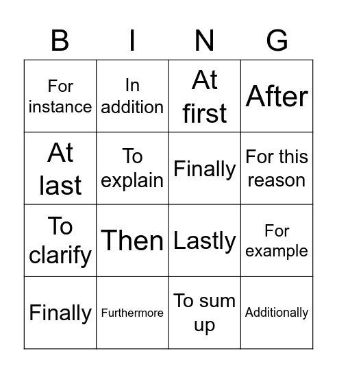 INFORMATIVE TRANSITION WORDS Bingo Card