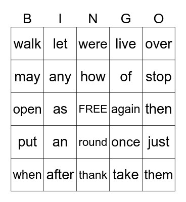 Dolch Word Bingo Card