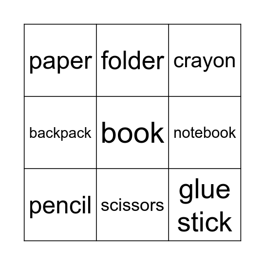 School Supplies Bingo Card