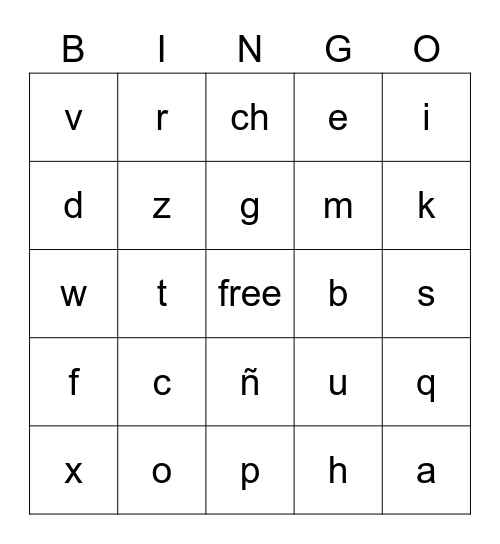 Spanish Alphabet Bingo Card