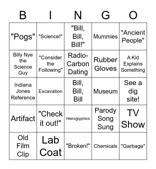 Bill Nye Archaeology Bingo Card