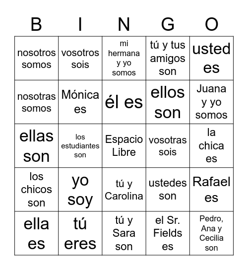 Los pronombres personales y el verbo ser II Bingo Card