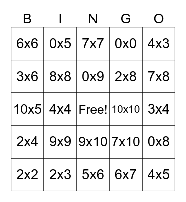 Multiplication Bingo Card