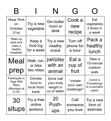 October - Kripke Wellness Bingo Card