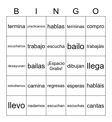 -ar Verbs Bingo Card