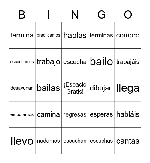 -ar Verbs Bingo Card