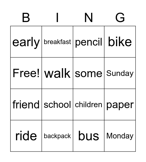 Getting Ready For School Bingo Card