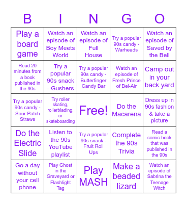 90s Bingo Recovery Challenge Bingo Card