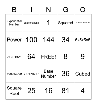 Exponent Bingo Card