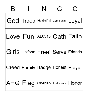 AHG troop AL0513 Bingo Card