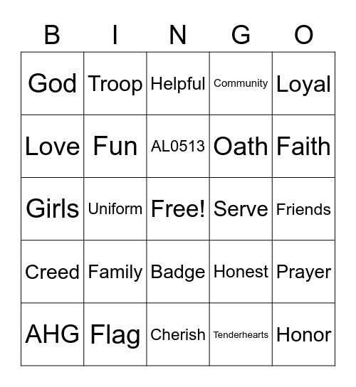 AHG troop AL0513 Bingo Card