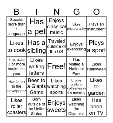 SCL Health Coaching Introductions BINGO Card