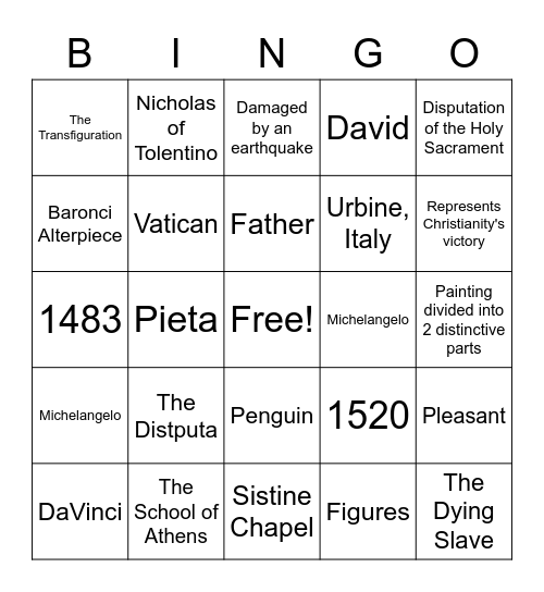 Raphael, Reniassance Artist Bingo Card