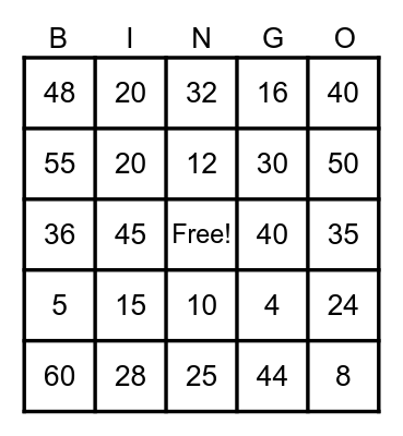 Multiplication 4's and 5's Bingo Card