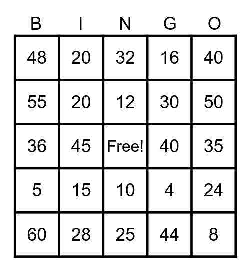 Multiplication 4's and 5's Bingo Card