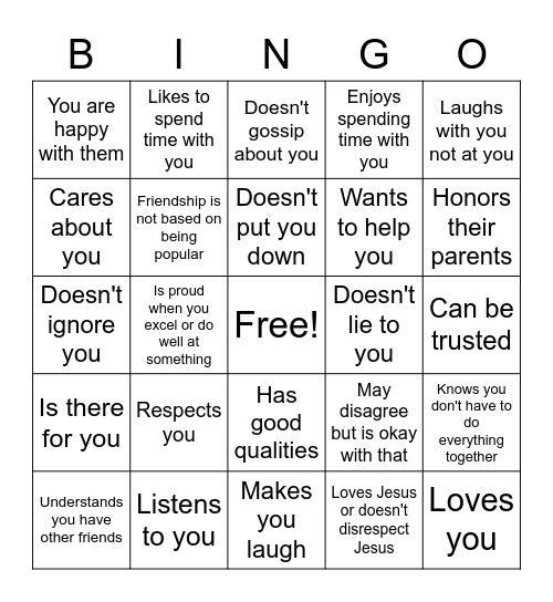 Friendship Bingo Card