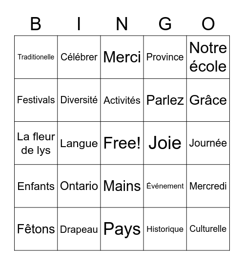 Les mots Franco - Ontarien BINGO Card