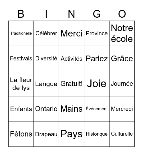 Les mots Franco - Ontarien Bingo Card