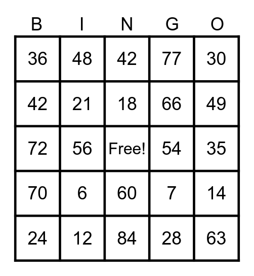 Multiplication 6's and 7's Bingo Card