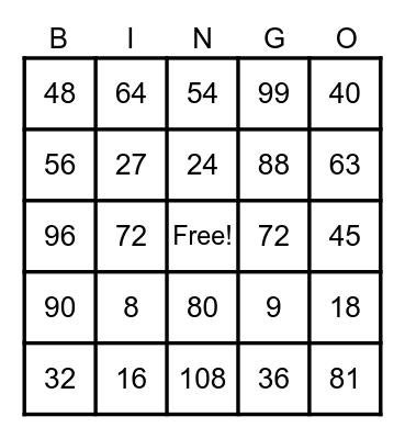 Multiplication 8's and 9's Bingo Card
