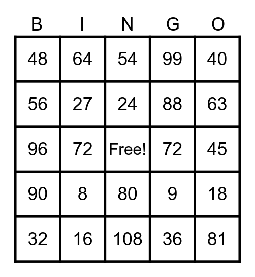 Multiplication 8's and 9's Bingo Card