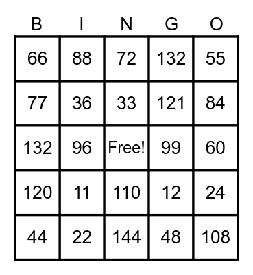 Multiplication 11's and 12's Bingo Card