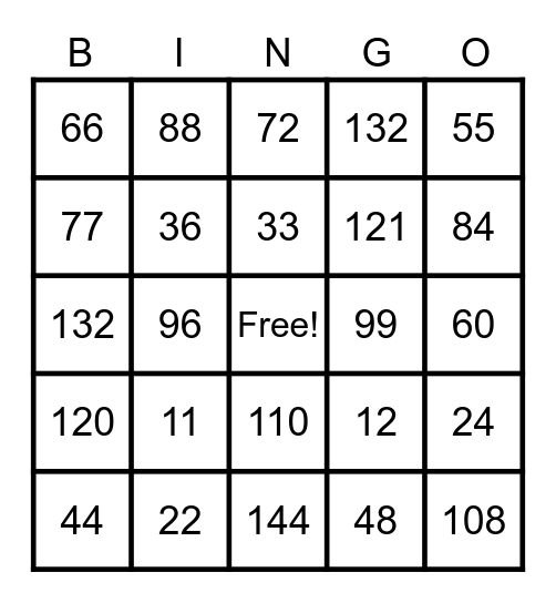 Multiplication 11's and 12's Bingo Card