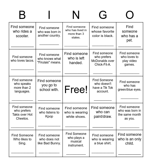 Find Someone Who Bingo Card