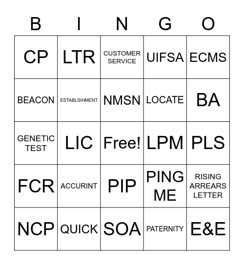 CHILD SUPPORT BINGO Card