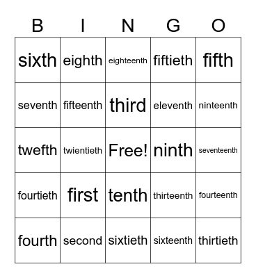 Ordinal Numbers Bingo Card