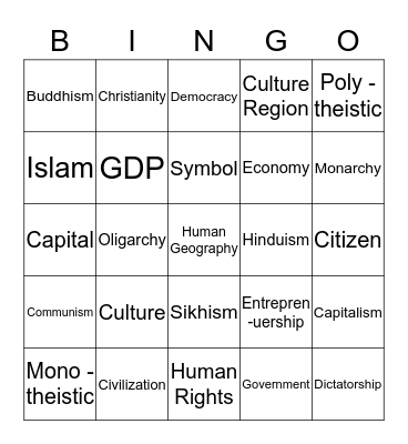 Human Geography Bingo Card