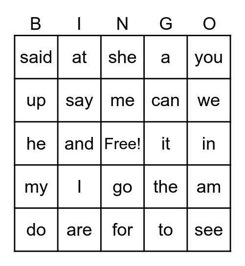 Sight Word Bingo Card